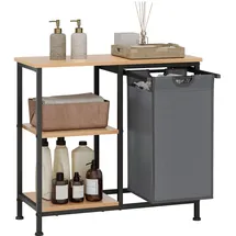 EUGAD mit Wäschekorb, Wäschesammler mit 4 Ablagen, 31 L Wäschesack, Offenes Aufbewahrungsregal für Badezimmer Waschküche, 70x65x30 cm, Schwarz und Hell Eiche