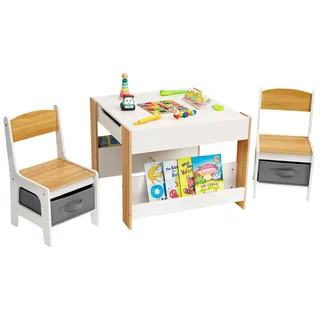 Yorbay Kindertisch mit 2 Stühle, Kindermöbel Set aus Holz mit Stauraum und Bücherregalen, 3 in 1 Maltisch & Aktivitätstisch & Tafeltisch, Kinderzimmer, Spielzimmer, Vorschüler (Natur)