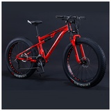 NENGGE Mountainbike Fatbike 24 Zoll Mountainbike, 7/21/24/27/30 Gang-Schaltung Erwachsene Fette Reifen Fahrrad, Rahmen Kohlenstoffstahl, Herren Damen Vollfederung Bike,Rot,21 Speed