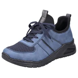 Slip-On Sneaker RIEKER, Damen, Gr. 36, blau (jeansblau, kombiniert), Textil, Lederimitat, sportlich, Schuhe Sneaker, mit aufgesetzter Schnürung