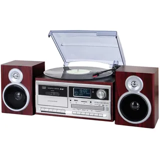 Trevi TT 1072 DAB, 33, 45 und 78 RPM Vinyl-Plattenspieler, Kabelloser Vinyl-Player, CD- und MP3-Player, USB und SD, 25W, Digitalradio DAB/DAB+ FM, Kopfhörerbuchse, Bassreflex-Lautsprecher, Holz