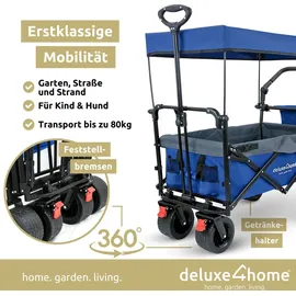 deluxe4home Bollerwagen faltbar mit Dach blau/grau