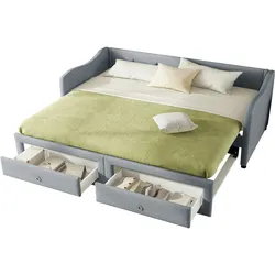 Merax Daybett, 90x200cm Tagesbett mit ausziehbarem Bett,Schlafsofa mit zwei Schubkästen, Einzelbett(Ohne Matratze), Leinen, Grau