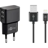 goobay Apple Lightning Dual-Ladeset (12 W), Netzteil mit 2x USB-A Ladegerät Kabel 1m, schwarz