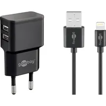 goobay Apple Lightning Dual-Ladeset (12 W), Netzteil mit 2x USB-A Ladegerät Kabel 1m, schwarz