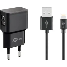 goobay Apple Lightning Dual-Ladeset (12 W), Netzteil mit 2x USB-A Ladegerät Kabel 1m, schwarz