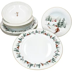12tlg. Teller Set Chalet 4 Personen Porzellan Teller klein, groß & tief Winter