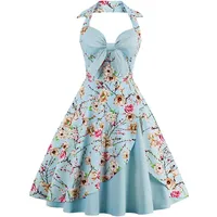 Lazzboy Damen Vintage Polka Neckholder Kleid Floral Sping Retro Cocktailkleid Rockabilly 50er Petticoat Faltenrock 1950er Kleider Cocktail Festliche(Hellblau-Blume,4XL) - 4XL