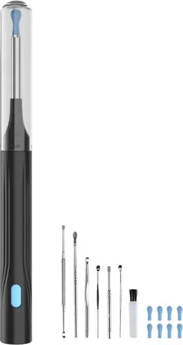 Sunluxy Ohrwachs-Entfernungswerkzeug mit Kamera, 10 MP HD-Kamera, 6 LED-Lichter, weiche Silikonspitzen, IPX5 wasserdicht, Typ-C wiederaufladbar, intelligentes Ohrreinigungswerkzeug für Erwachsener und Kind, kompatibel mit iOS & Android – H1, Schwarz