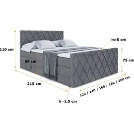 altdecor Boxspringbett mit Matratze und Lattenrost - LEPARO -Z KING - 160x200 cm - Dunkelgrau Samt - Topper, Fußteil, Polsterbett mit Bettkasten, ... - Dunkelgrau