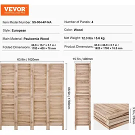 Vevor Raumteiler Paravent aus Holz 4-teiliger faltbarer Sichtschutz, 170 cm hoher Raumteiler, tragbarer Dekorationsschirm zur Raumtrennung mit europäischer Still für Zuhause Restaurant Schlafzimmer
