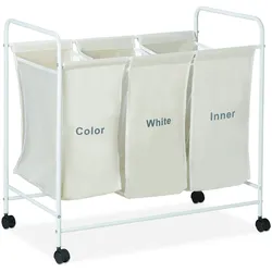 Relaxdays Wäschesortierer, 3 beschriftete Fächer, Rollen zum Feststellen, Volumen 100 Liter, HxBxT 76 x 80 x 46cm, beige