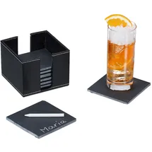 Relaxdays Schiefer Untersetzer 8er Set, Kunstleder-Box, Getränkeuntersetzer, 10x10 cm, Schieferplatte Gläser, anthrazit