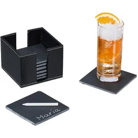 Relaxdays Schiefer Untersetzer 8er Set, Kunstleder-Box, Getränkeuntersetzer, 10x10 cm, Schieferplatte Gläser, anthrazit