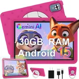 Kinder Tablet 10 Zoll Android 15 mit 30GB RAM + 64GB ROM(2TB), 5G WLAN 6, Widevine L1, Elterliche Kontrolle, 8-Core, 6000 mAh, Kids Tablet mit Kinder Hülle EVA + 360° Drehbarer Ständer, Rosenrot