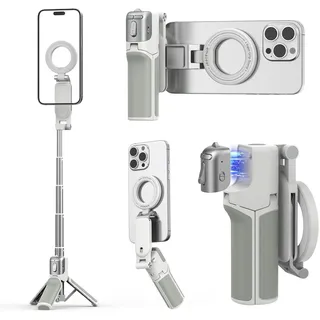 AMAZEAR Magnetisches 4-in-1 Multifunktionales Selfie Stick Stativ, Telefonkameragriff Handy Stativ mit Abnehmbarer Fernbedienung,abnehmbarem Bluetooth-Modul, einstellbarem Zoom, Weiß
