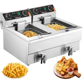 Vevor Kommerzielle Fritteuse, 24 L Fassungsvermögen, Fritteuse mit Doppeltank & Korb, 3000 W Edelstahl, Zeit- und Temperaturregelung, für Küche Restaurants