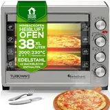 TurboTronic 38 Liter Minibackofen mit Umluft und Drehspieß, Edelstahl, inkl. 2x Backblech, 2000W Mini Tisch Backofen Camping Pizzaofen Klein/Groß Ko