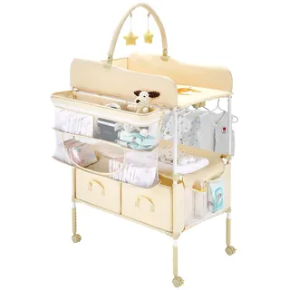 Vevor Wickeltisch, faltbare Wickelstation mit 2 Stoffschubladen & Seitenkorb & Kleiderstange, höhenverstellbarer tragbarer Wickelkombi mit feststellbaren Rädern und 2 Sternspielzeugen, Hellbeige