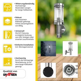 Grafner Edelstahl Wandlampe silber, Bewegungsmelder, IP44, E27 Fassung, ideal für smarte LED-Leuchtmittel, Klarlack-Beschichtung, Wandleuchte Wand...