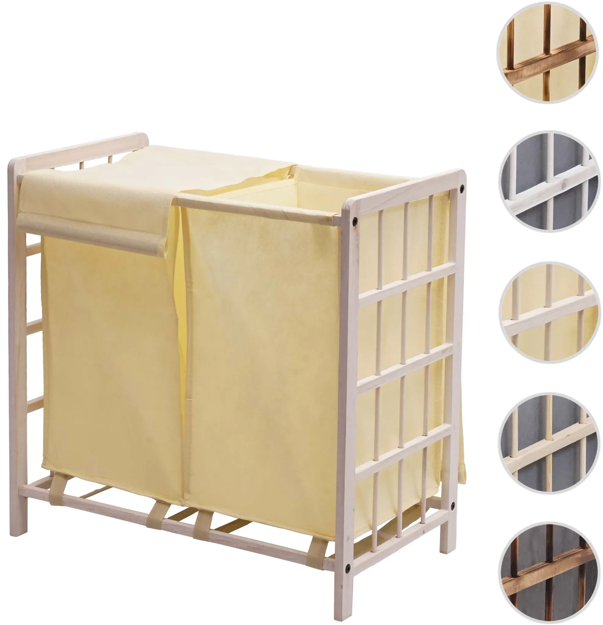 Wäschesammler HWC-B60, Laundry Wäschebox Wäschekorb, Massiv-Holz 2 Fächer 60x60x33cm 68l ~ shabby weiß, Bezug creme