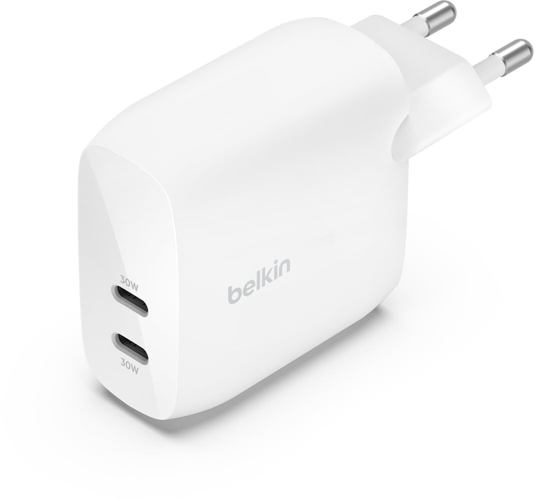 Belkin BoostCharge USB-C PD-Ladegerät mit 2 Anschlüssen und PPS, 60 W für Apple iPhone, iPad, Samsung Galaxy, Google Pixel, kompatibel mit USB-C/Lightning-Kabel und USB-C/USB-C-Kabel – Weiß