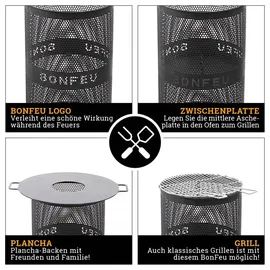 Bonfeu Bonves Ø 34cm Schwarz - Feuerkorb für den Garten - Feuertonne & Feuerstelle - Feuerschale Feuerkorb aus Stahl - Grillrost & Schürhaken zu...