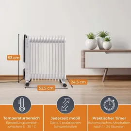 Klamer Ölradiator 2500 W, Elektroheizung energiesparend, 13 Rippen, 3 Heizstufen mit Eco-Modus, 24h Timer, Thermostat, Überhitzungs- & Kippschutz, mi...