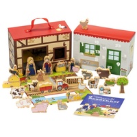 yoamo Bauernhof für Kinder inkl. Adventskalender mit 24 Holzfiguren, hochwertigem Spielkoffer und weihnachtlicher Tier-Geschichte, mehrfarbig,