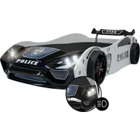 Coemo Autobett V2 POLICE Kinderbett 90x200 Schwarz/Weiß mit Spoiler LED-Licht und Lattenrost - Weiß