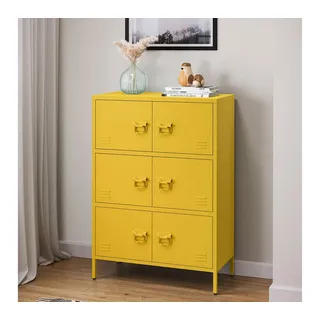 skølm Metallkommode Zandor, Wohnzimmerschrank mit 3 Fächern senfgelb, Sideboard, Mehrzweckschrank Stahl 3x2, 113,5x80x38 cm
