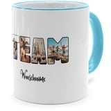 PhotoFancy® - Fototasse 'Team' - Personalisierte Tasse mit eigenem Foto und Text selbst gestalten - Hellblau