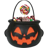 Fiestas Guirca | Halloween Süßigkeiteneimer mit Kürbisgesicht 16 x 20 cm - Schwarzer Hexenkessel Halloween Zubehör Trick or Treat - Halloween Süßes oder Saures Kübel für Kinder in Orange und Schwarz