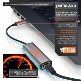 Primewire Netzwerkadapter USB 3.2 Typ C auf RJ45 Buchse LAN Adapter mit USB Typ C
