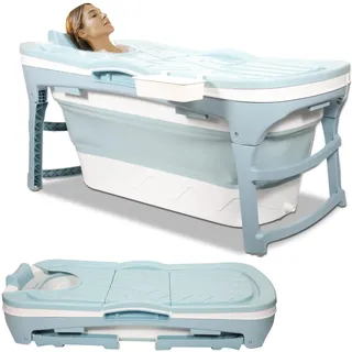 Ikodm Faltbare Badewanne Erwachsene - L 118x60x50cm, Klappbare mobile Badewanne mit Abdeckung & Korb, Klappbadewanne für Badezimmer, Dusche und Balkon (Blau)