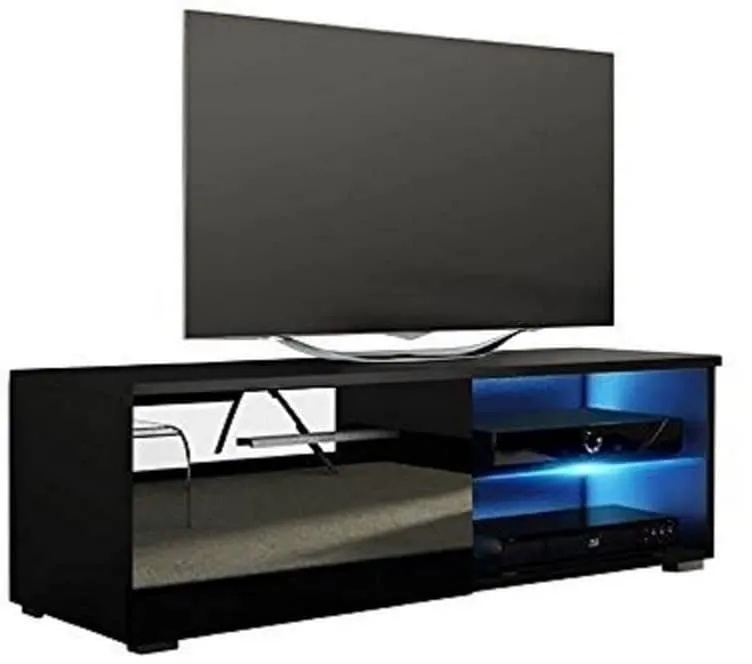 Selsey Tenus Single - Fernsehschrank/TV-Board mit offenem und geschlossenem Stauraum, 100 cm breit (Schwarz Matt/Schwarz Hochglanz, mit LED)