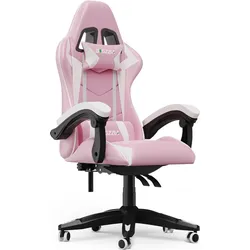 Bigzzia Gaming Stuhl Rosa Weiß Ergonomisch mit Kissen höhenverstellbar 110kg