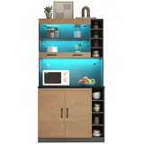 KLAM HOME Küchenbuffet Küchenschrank Sideboard mit LED-Ambiente-Beleuchtung und Kabellöchern (Küchen-Highboard aus Holz großer Platz für Mikrowelle 100x47x187cm) freistehend höhenverstellbare seitliche Ablagefächer beige