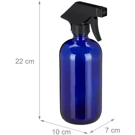 Relaxdays Sprühflasche Glas, 2er Set, 500 ml, nachfüllbar, Nebel & Strahl, Haarpflege, Reinigung, Zerstäuber, leer, Blau