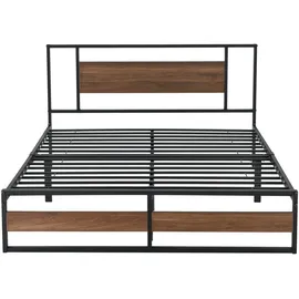 [en.casa] Metallbett 140x200 cm Schwarz Spanplatte Walnuss-Optik Bettgestell