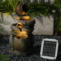 Solarbrunnen für Draussen,4 Stufen Stapelbare Krug Springbrunnen Solar Gartenbrunnen Wasserspiel Wasserfall Solarbetrieben außen mit LED Licht Deko Garten, 56x28x22.8 cm