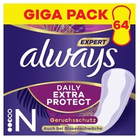 Always Dailies Extra Protect Slipeinlagen Damen, Normal (64 Binden), Giga Pack, schliesst Gerüche und Flüssigkeit sofort ein, für maximalen Schutz am Tag