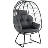 COSTWAY Korbsessel Rattan, übergroßer Loungesessel mit abnehmbarem Kissen & Metallgestell, Gartensessel Grau - Grau/Schwarz