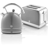 SWAN STP7050GRNEU Retro Set Frühstück, Wasserkocher 1,8L Kabellos, 2 Breitschlitz-Toaster, Vintage, Grau, 850W