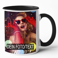 Keramik Tasse mit 2 Fotos & Text bedrucken Lassen - Fototasse Personalisieren - Kaffeebecher zum selbst gestalten (Schwarz)