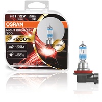 Osram Night Breaker H11, 200% mehr Helligkeit, Halogen-Scheinwerferlampe, 64211NB200-HCB, 12V PKW, Duo Box (2 Lampen)