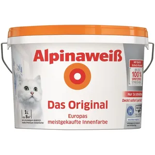Alpinaweiß Das Original – optimal deckende und ergiebige weiße Wandfarbe – mit Spritz-Schutz-Formel – 1 Liter