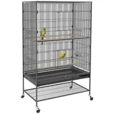 PawHut Vogelkäfig Vogelbauer mit Sitzstangen, Vogelhaus mit Ablage, Bodenwanne, Voliere mit Türen, Rollen, für kleine Vögel, Stahl, Grau, 94 x 57 x 153 cm - grau