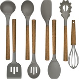 8-Teiliges Küchenhelfer Set, Silikon Küchenutensilien Kochlöffel Set mit Holzgriff und Loch für Kochen und Backen, Antihaft Hitzebeständiges Küchenhelfer, Schneebesen, Spatel(Grau)