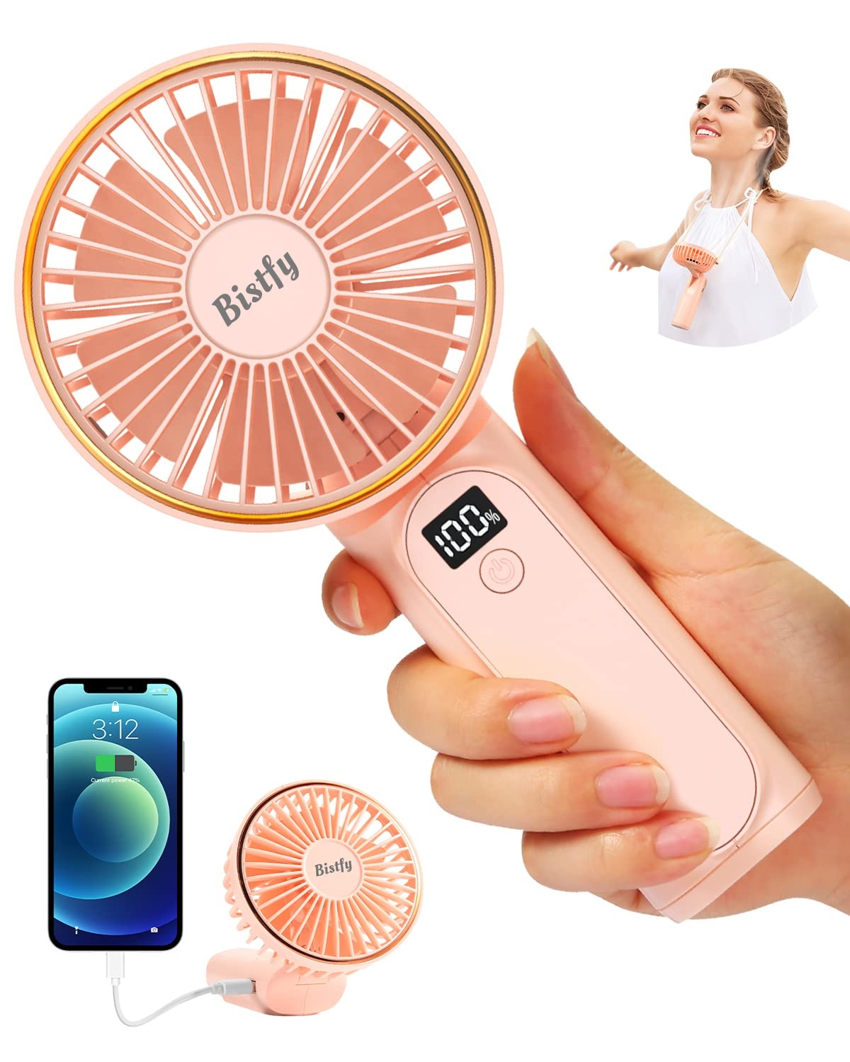 Bistfy Handventilator Starker Tragbarer Mini Ventilator 5200mAh Handventilator Akku Aufladbar, Leise 6 Geschwindigkeit 20 Stunde Digitaler Bildschirm Nackenventilator Hand fan mit Powerbank für Sommer